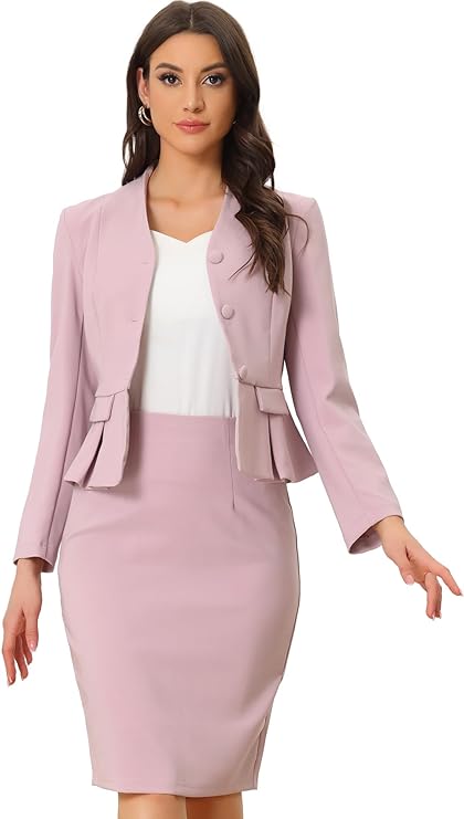 Allegra K Business Suit Sets for Women's 2 Piece Outfits Collarless Peplum Blazer Formal Pencil Skirt Suit