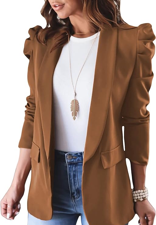 KIRUNDO Women's 2024 Fall Casual Blazers Puff Sleeve Lapel Open Front Work Suit Office Blazer Jackets with PocketsFabric type100% Polyester